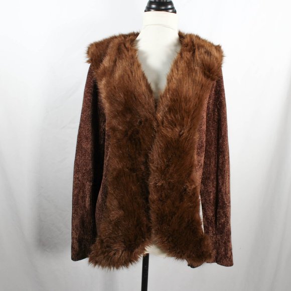 Vintage 1990s Brown Knit Cardigan with Faux Fur Collar – Plus Size 1X - Picture 1 of 9